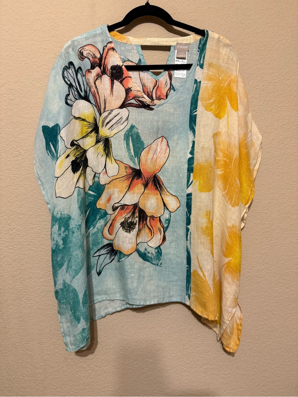 CHICO'S Top 100% Linen Poncho Blouse TROPICAL BLOOM Floral Womens L/XL beach
